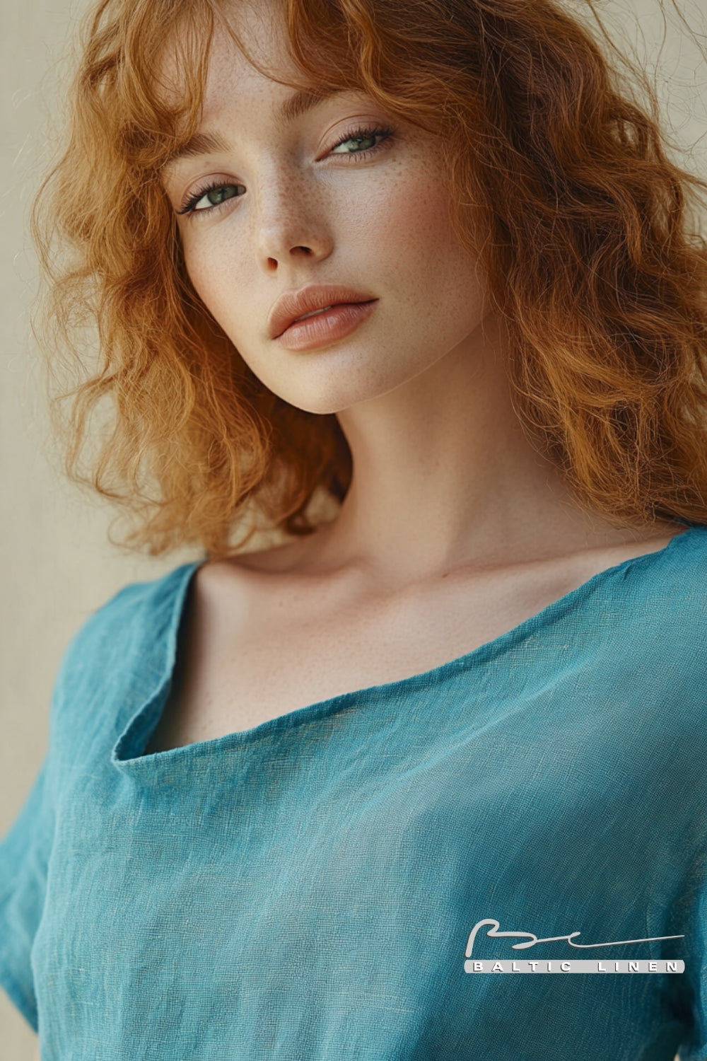 Close-up of a red-haired woman wearing a teal linen top